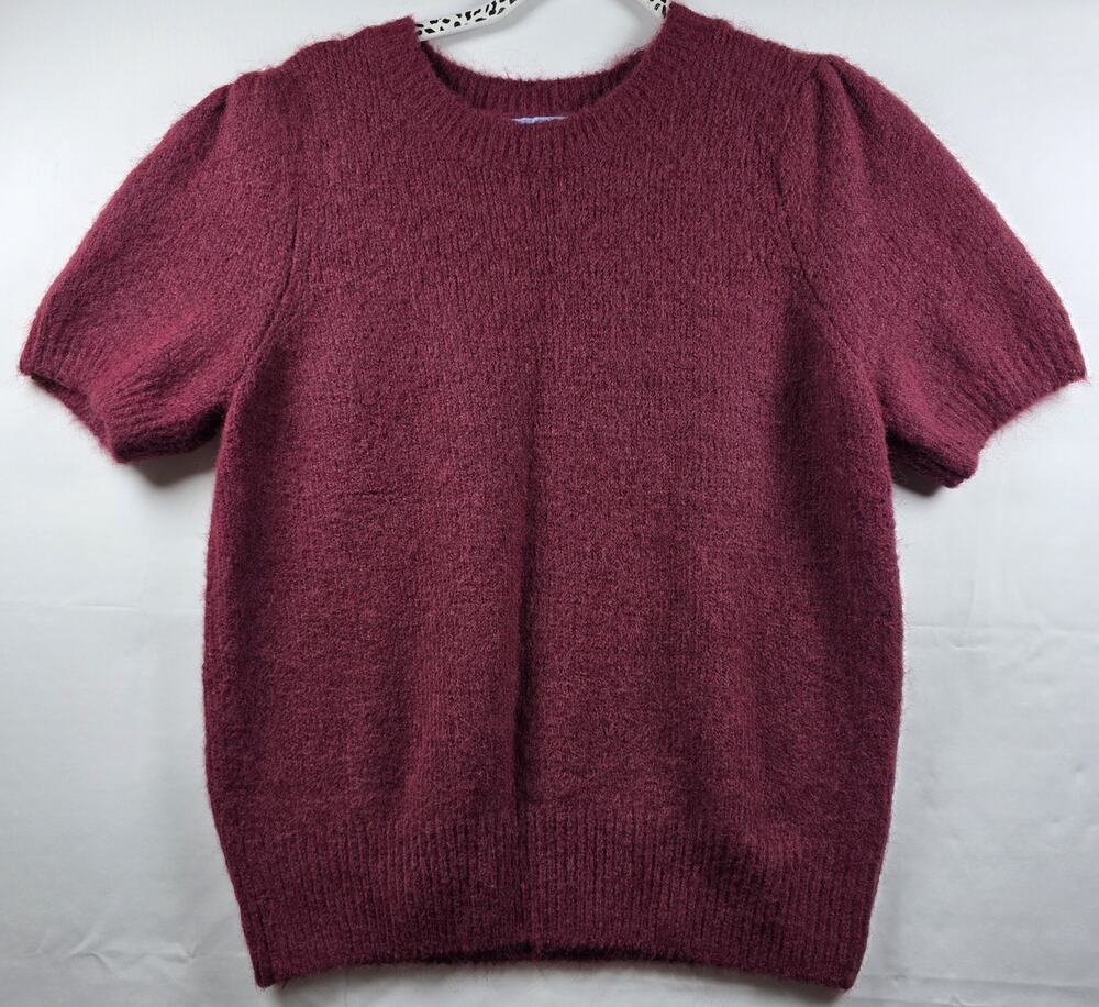 Women's burgundy short-sleeve fuzzy knit sweater Size L